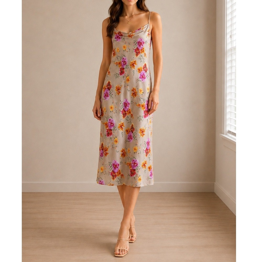 BEBE‎ Slip Babydoll Midi Dress Floral Womens Small Satin Romantic 90s Dainty
